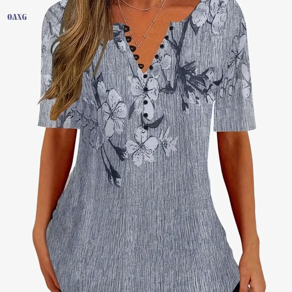 Floral Print Casual T-Shirt - Women's Short Sleeve V-Neck Top   OAXG 