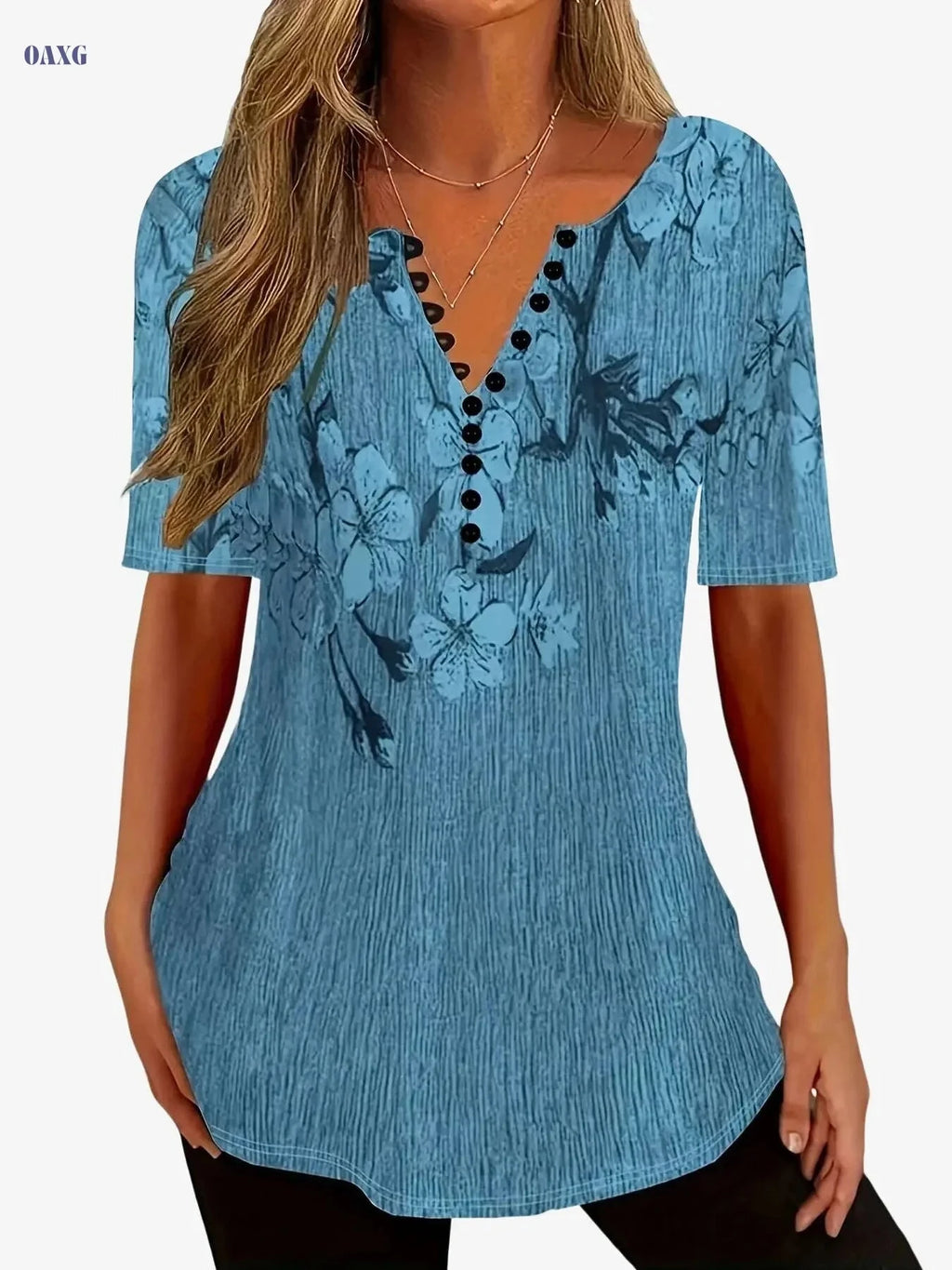Floral Print Casual T-Shirt - Women's Short Sleeve V-Neck Top   OAXG 
