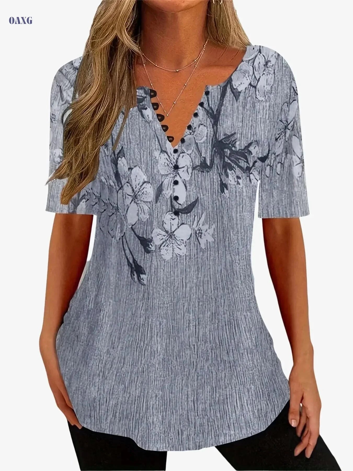 Floral Print Casual T-Shirt - Women's Short Sleeve V-Neck Top   OAXG 
