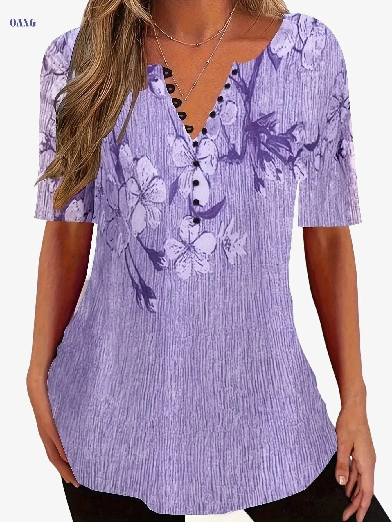Floral Print Casual T-Shirt - Women's Short Sleeve V-Neck Top   OAXG 
