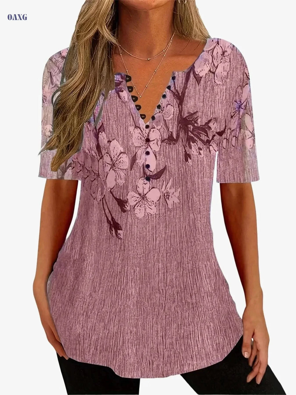 Floral Print Casual T-Shirt - Women's Short Sleeve V-Neck Top   OAXG 