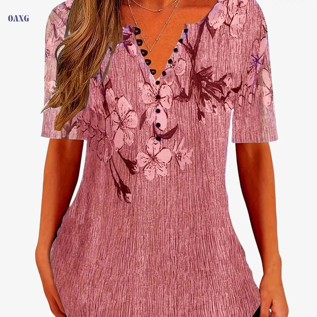Floral Print Casual T-Shirt - Women's Short Sleeve V-Neck Top   OAXG Grey / S