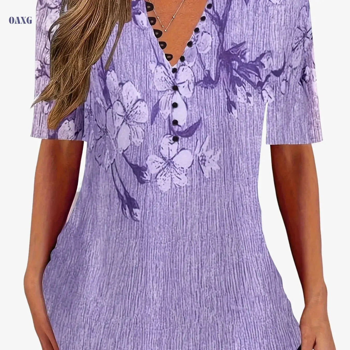 Floral Print Casual T-Shirt - Women's Short Sleeve V-Neck Top   OAXG Grey / S