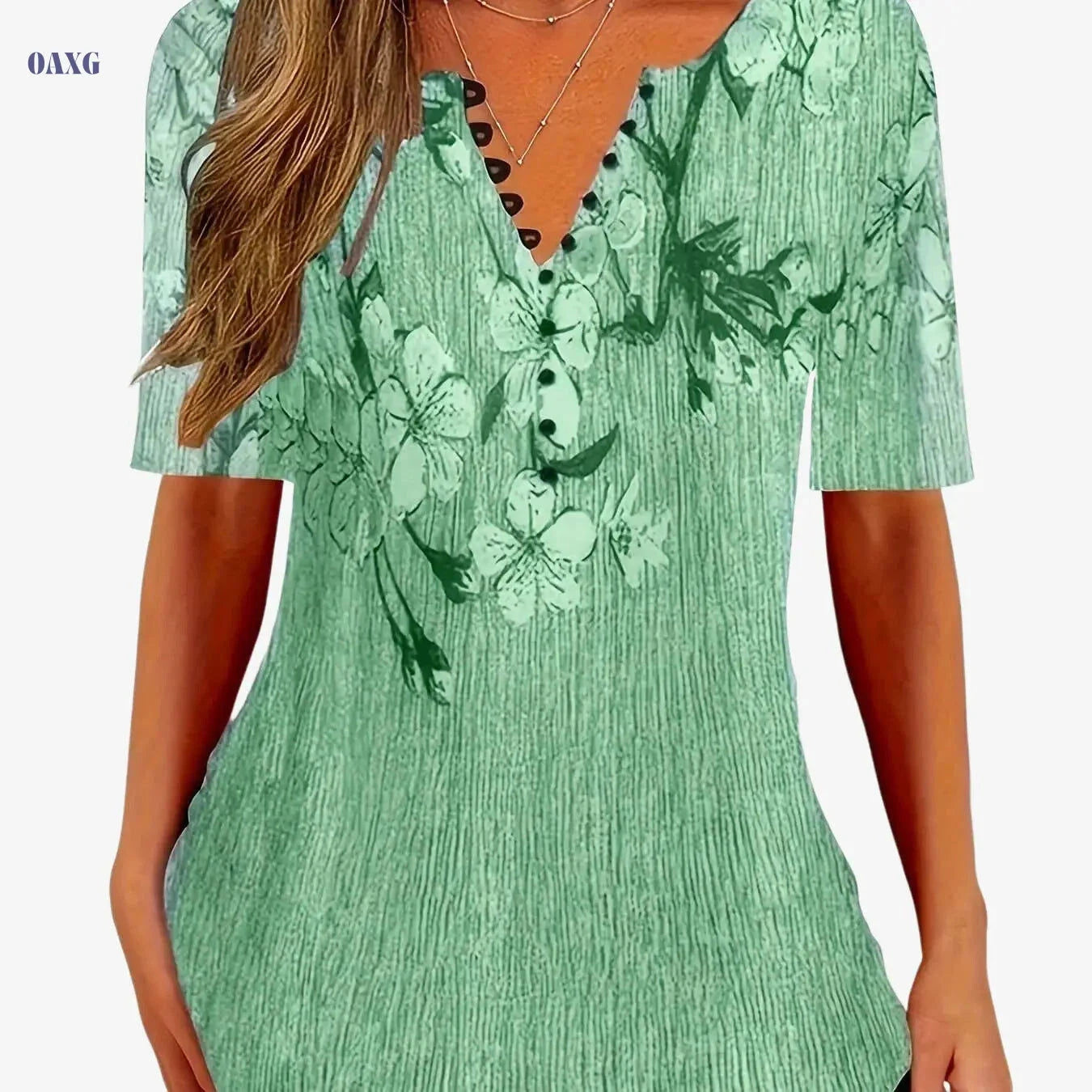 Floral Print Casual T-Shirt - Women's Short Sleeve V-Neck Top   OAXG Grey / S