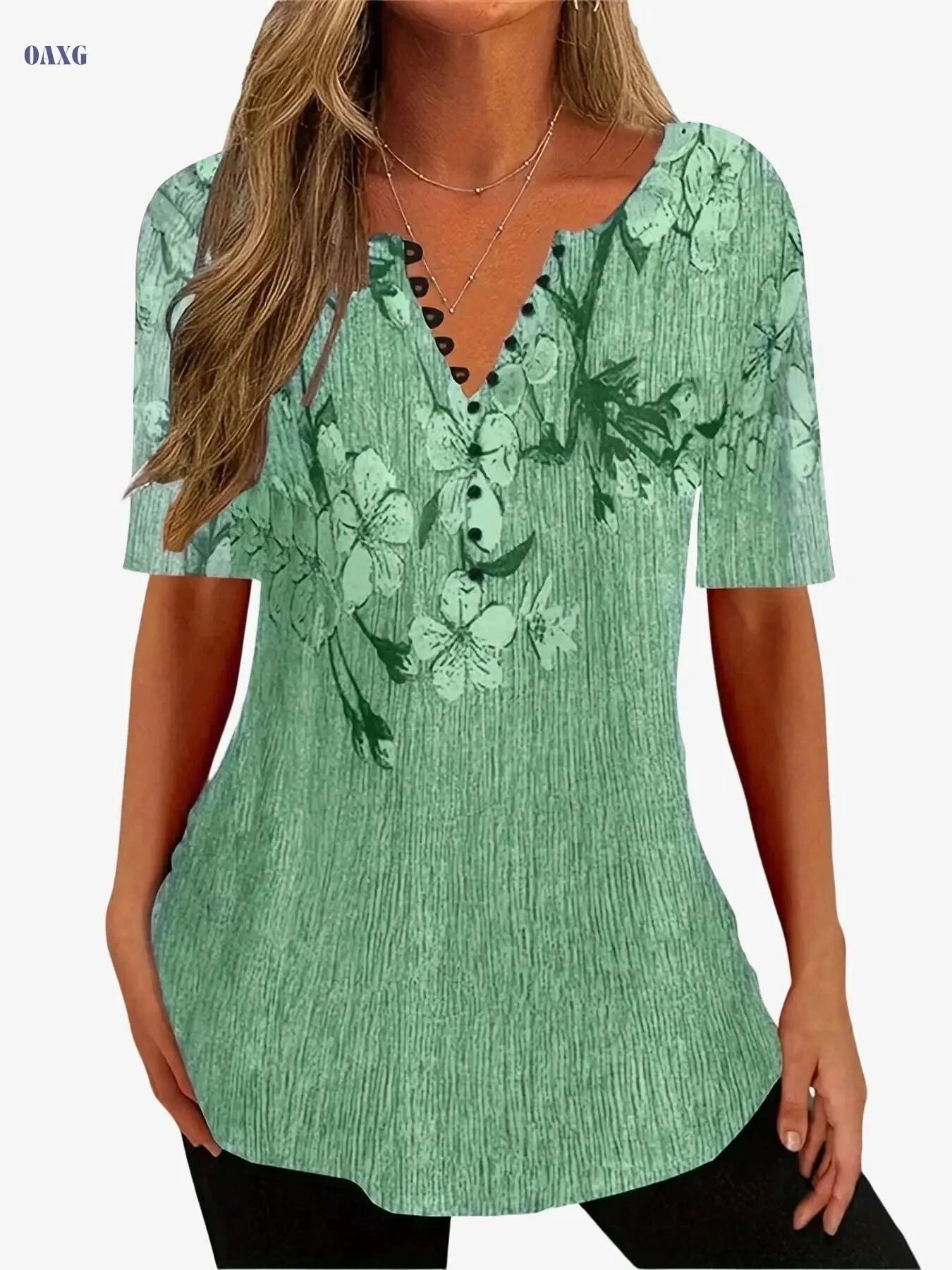 Floral Print Casual T-Shirt - Women's Short Sleeve V-Neck Top   OAXG 
