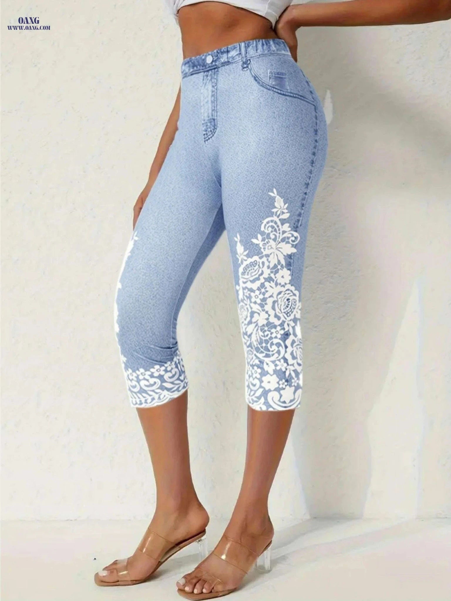 Floral Print Fake Pocket Leggings - Casual Imitation Denim Skinny   OAXG 