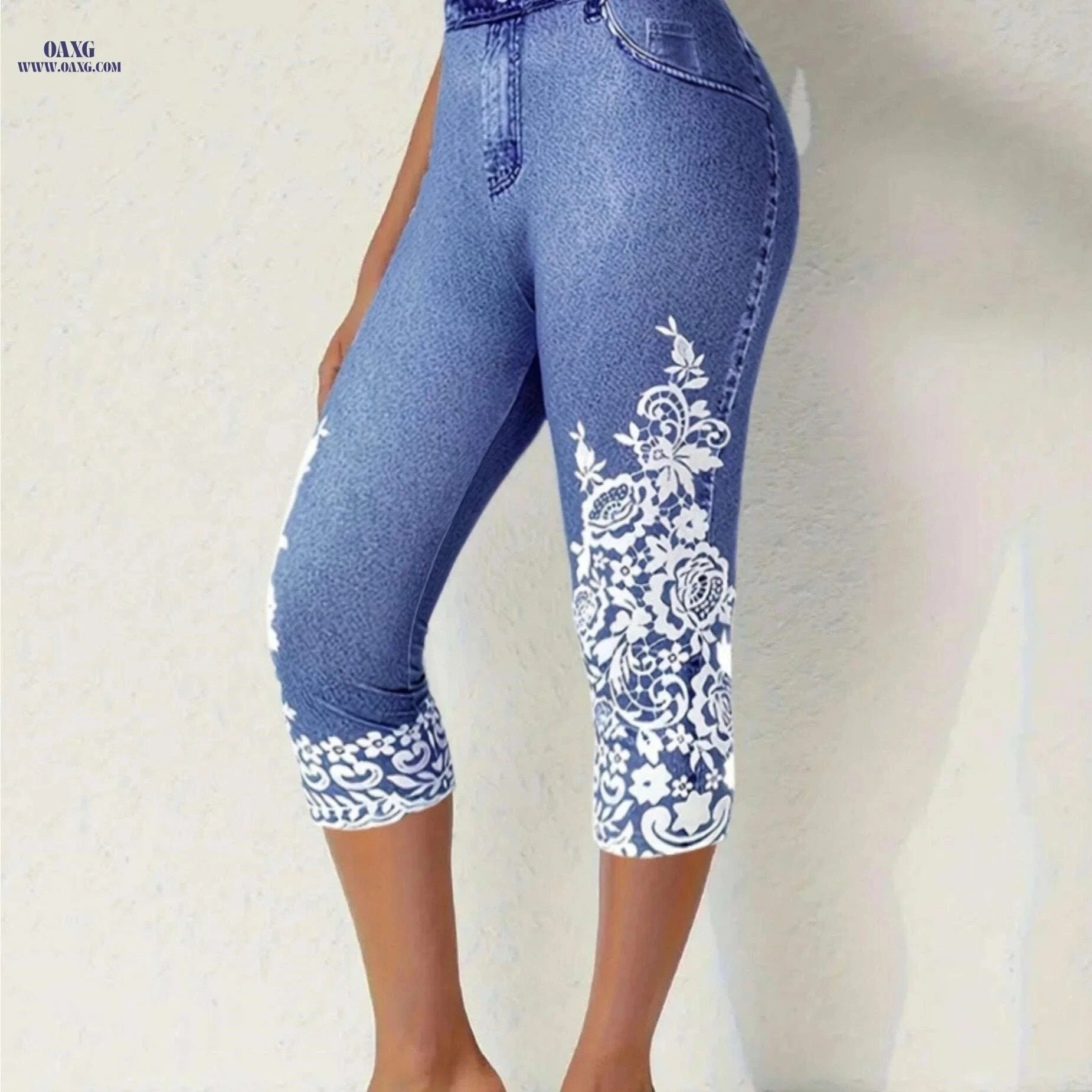 Floral Print Fake Pocket Leggings - Casual Imitation Denim Skinny   OAXG 