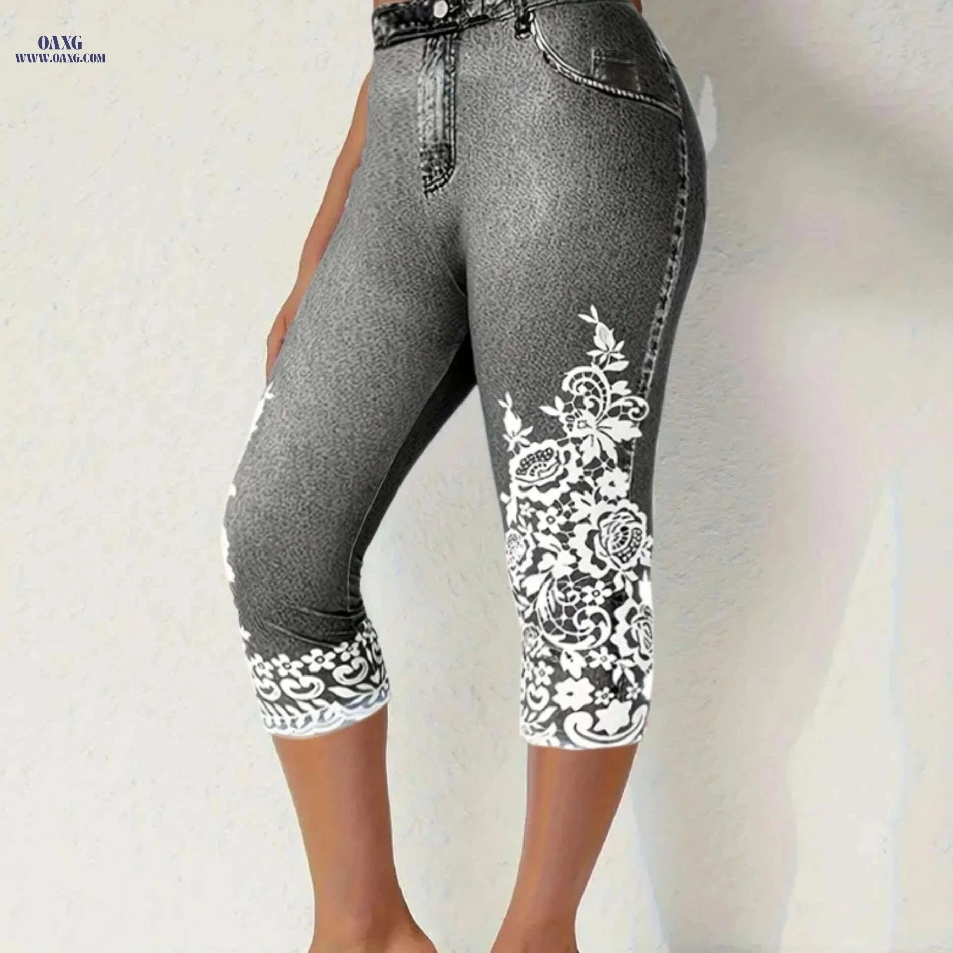 Floral Print Fake Pocket Leggings - Casual Imitation Denim Skinny   OAXG 