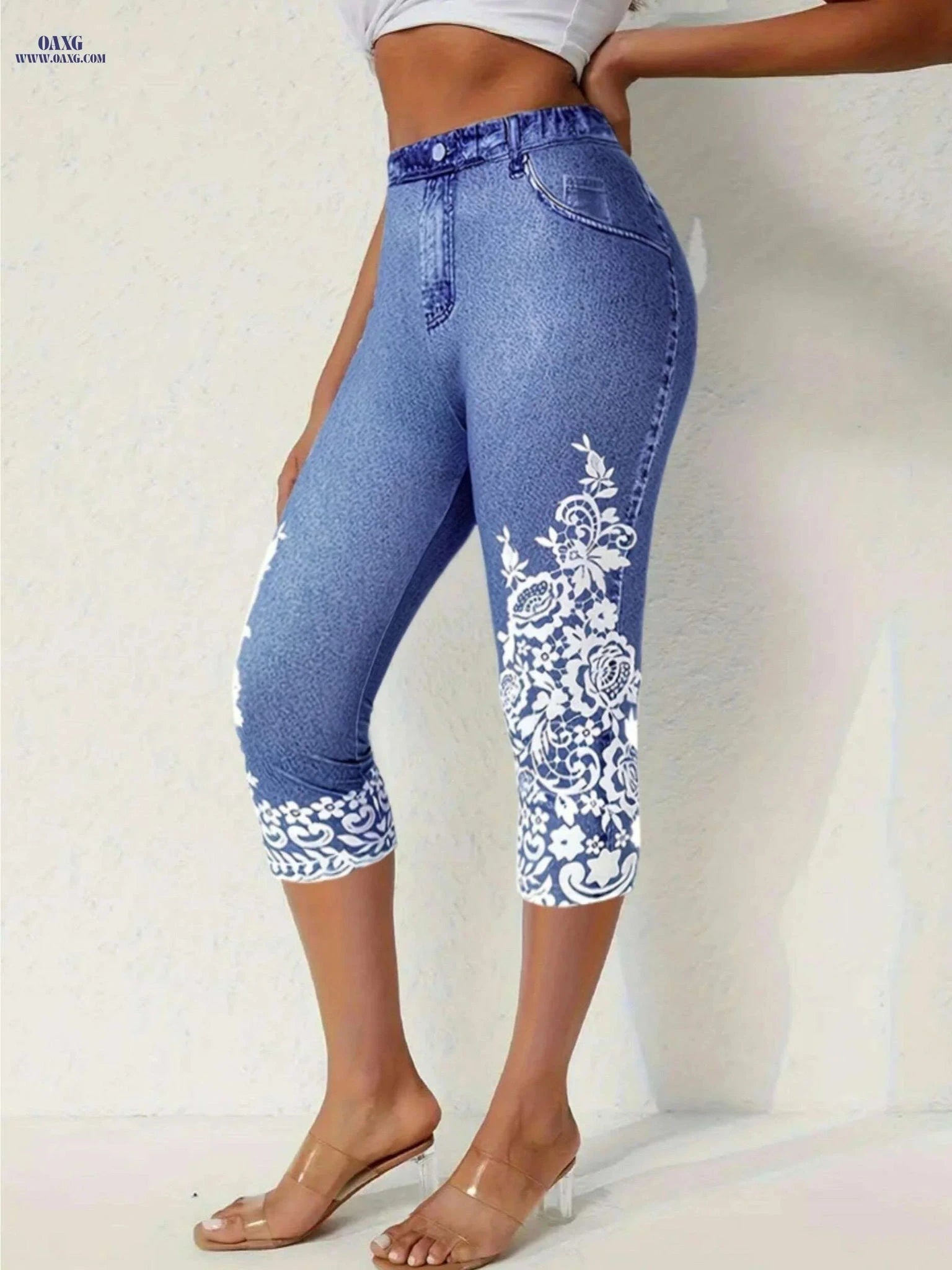 Floral Print Fake Pocket Leggings - Casual Imitation Denim Skinny   OAXG 