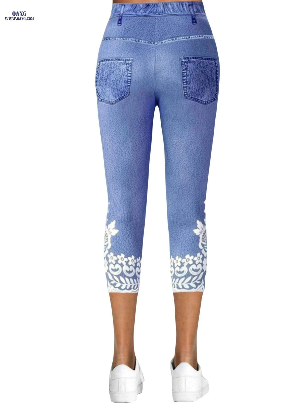 Floral Print Fake Pocket Leggings - Casual Imitation Denim Skinny   OAXG 