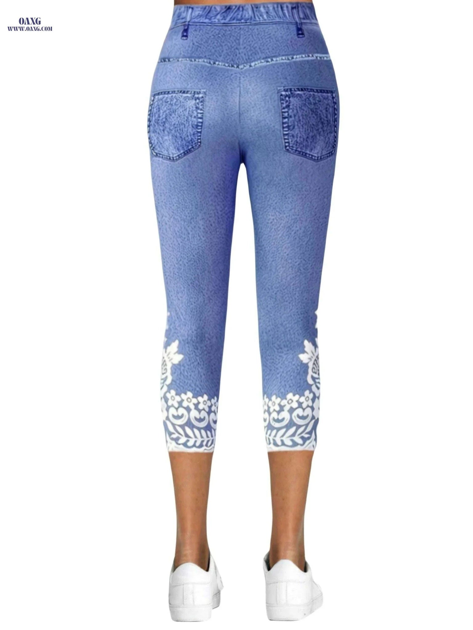 Floral Print Fake Pocket Leggings - Casual Imitation Denim Skinny   OAXG 