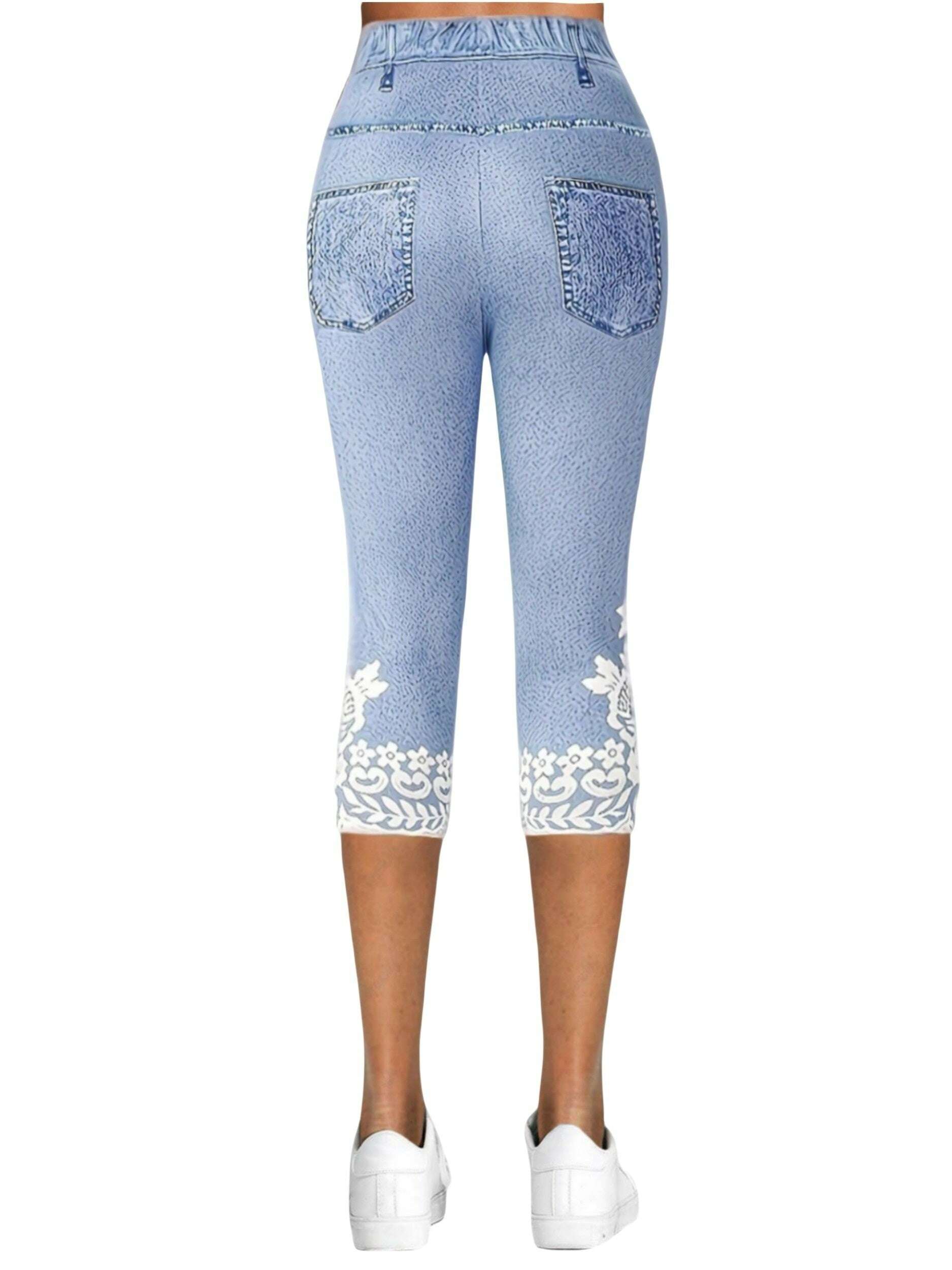 Floral Print Fake Pocket Leggings - Casual Imitation Denim Skinny   OAXG Black / S