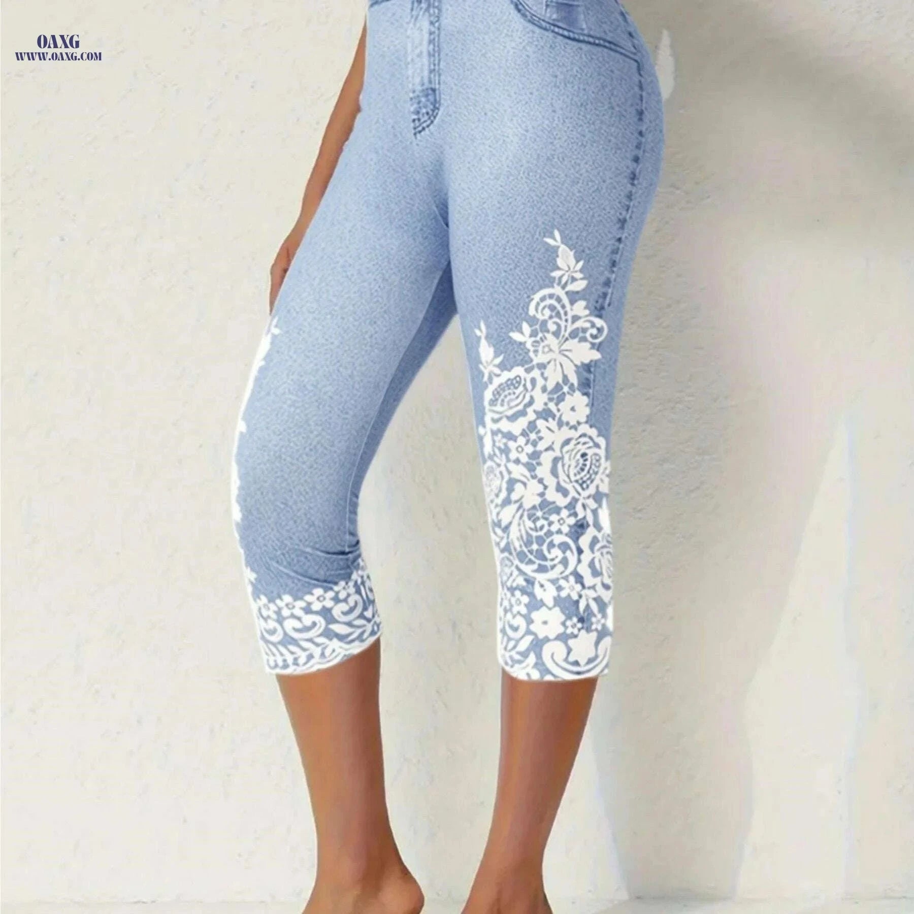 Floral Print Fake Pocket Leggings - Casual Imitation Denim Skinny   OAXG 