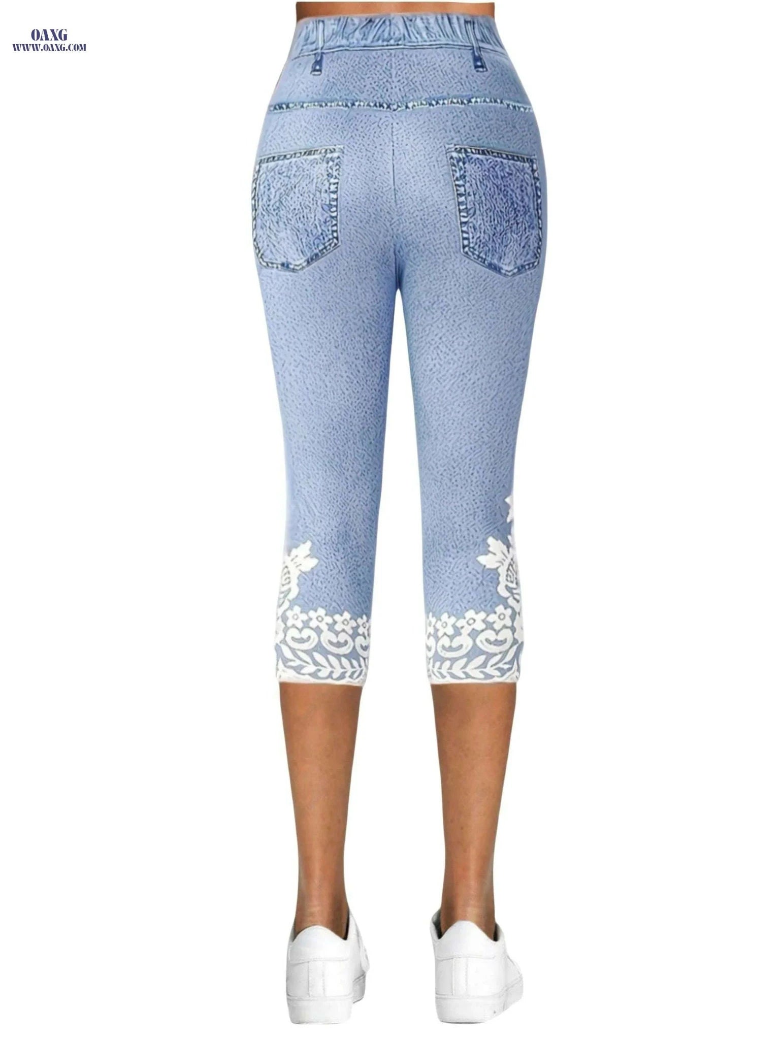 Floral Print Fake Pocket Leggings - Casual Imitation Denim Skinny   OAXG 