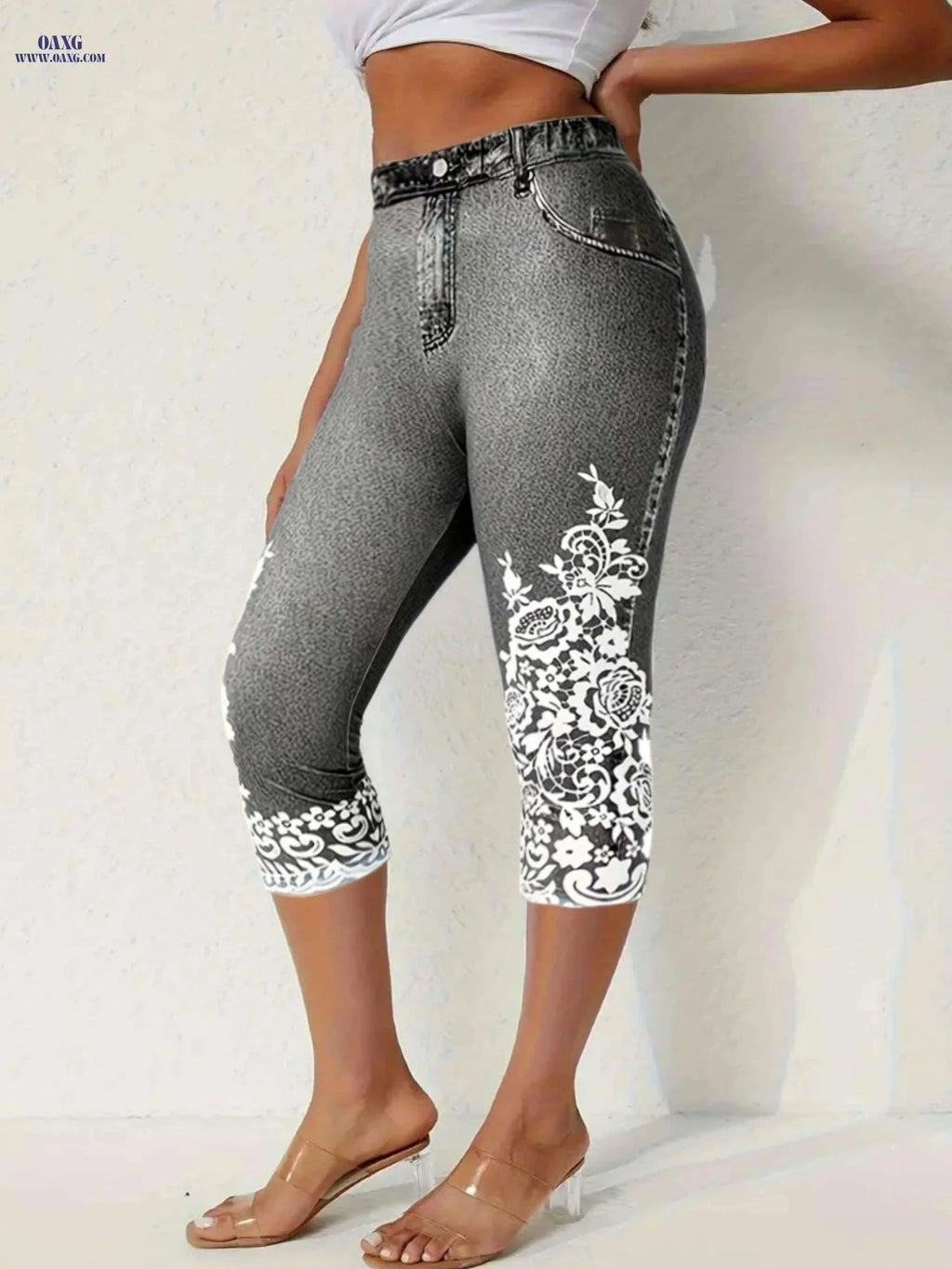 Floral Print Fake Pocket Leggings - Casual Imitation Denim Skinny   OAXG 