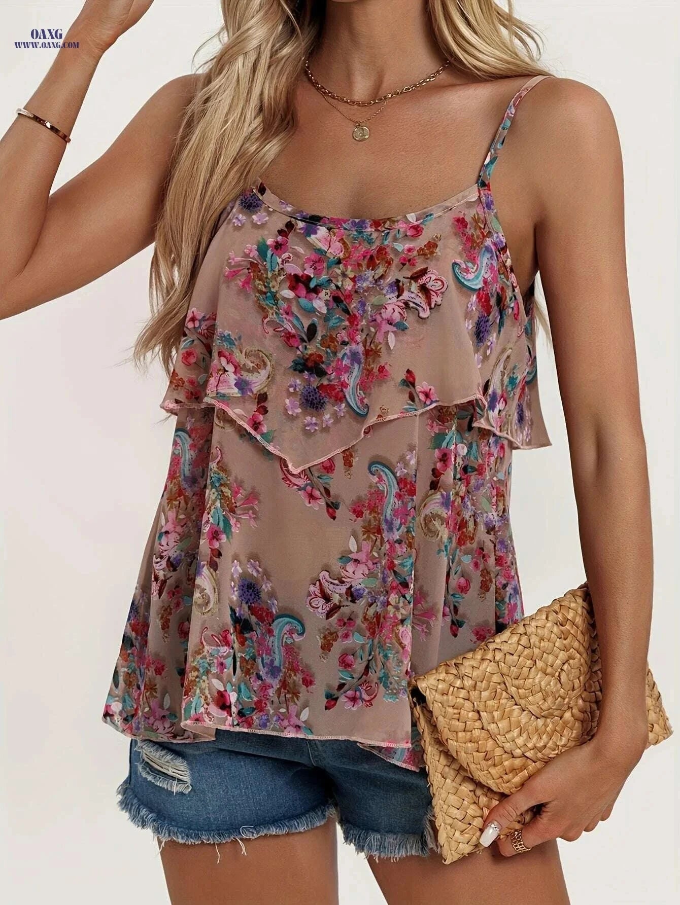 Floral Print Layered Hem Cami Top - Elegant Sleeveless Women's Style   OAXG Pink Red Color / S