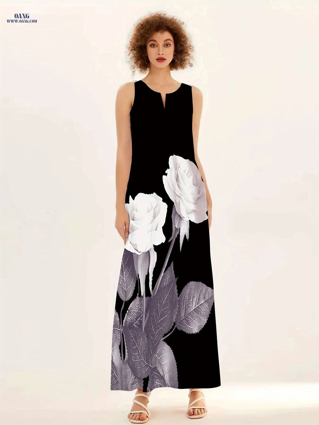 Floral Print Maxi Dress - Notched Neck Sleeveless Women's Summer Style   OAXG Black / S