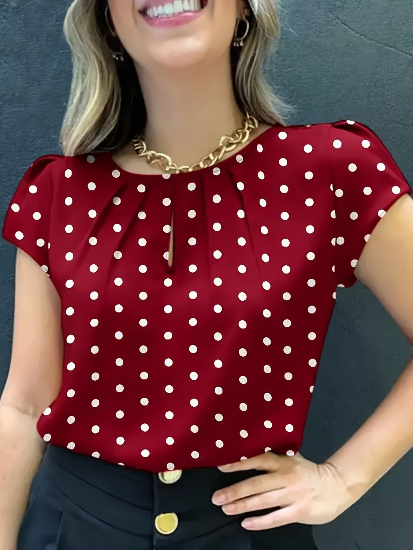 Floral Print Pleated Blouse, Casual Short Sleeve Blouse For Spring & Summer, Women's Clothing   OAXG Red Polka Dots / S