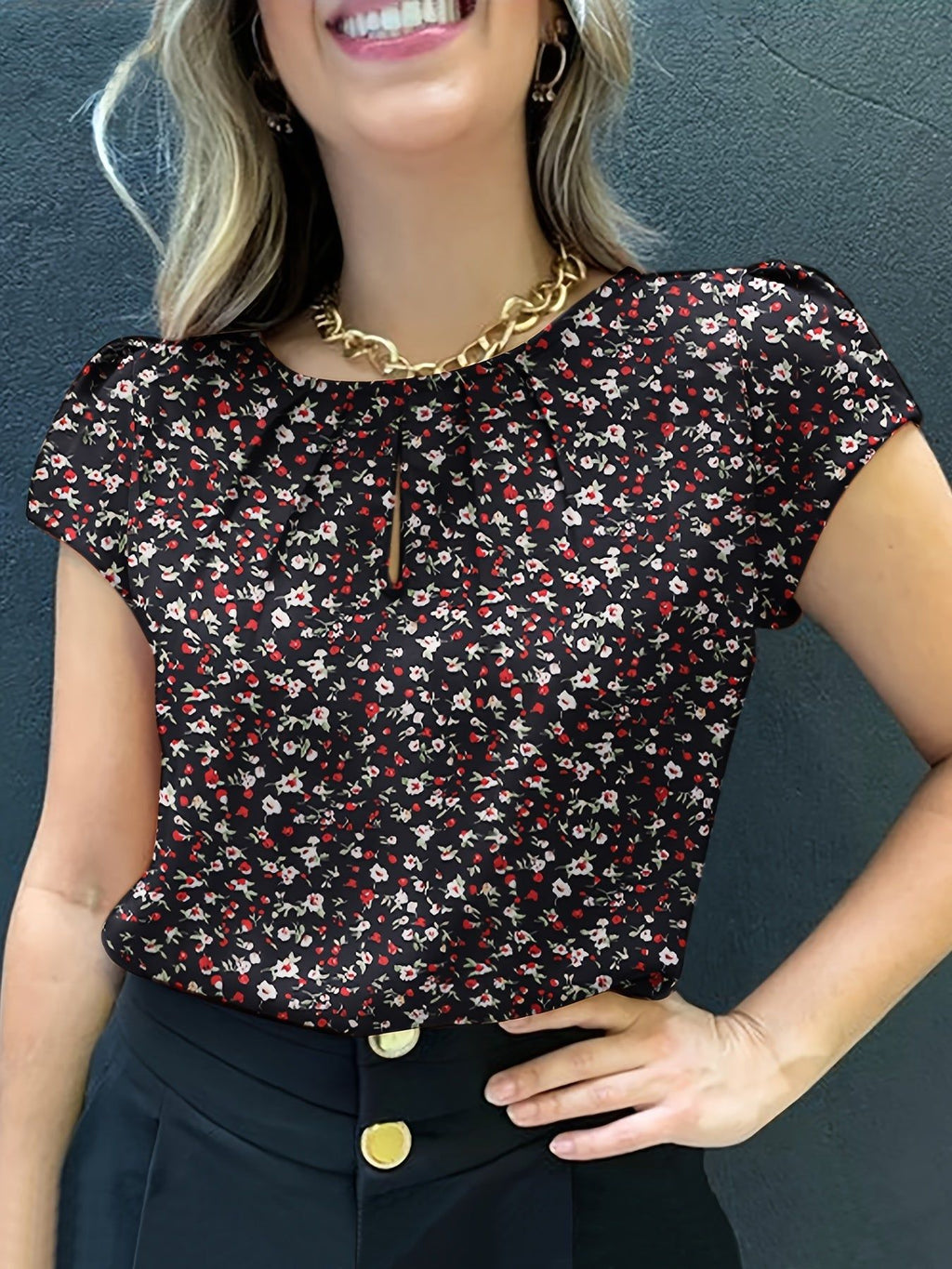 Floral Print Pleated Blouse, Casual Short Sleeve Blouse For Spring & Summer, Women's Clothing   OAXG Red Polka Dots / S