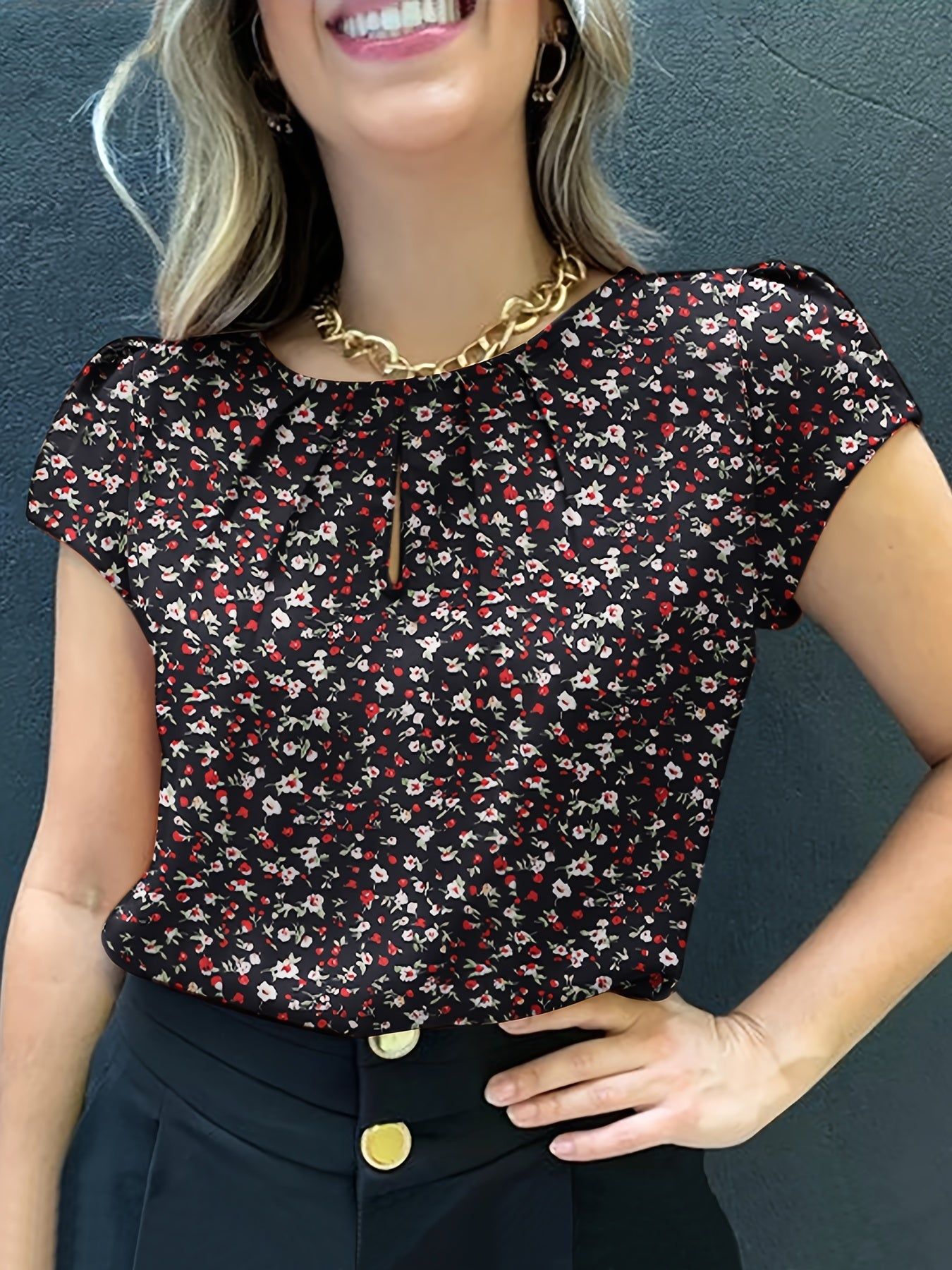 Floral Print Pleated Blouse, Casual Short Sleeve Blouse For Spring & Summer, Women's Clothing   OAXG Red Polka Dots / S