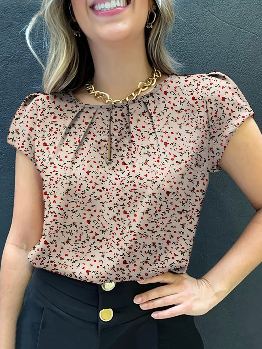 Floral Print Pleated Blouse, Casual Short Sleeve Blouse For Spring & Summer, Women's Clothing   OAXG Red Polka Dots / S