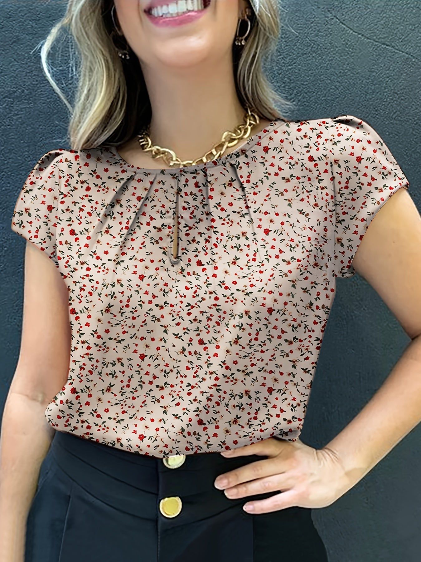 Floral Print Pleated Blouse, Casual Short Sleeve Blouse For Spring & Summer, Women's Clothing   OAXG Red Polka Dots / S