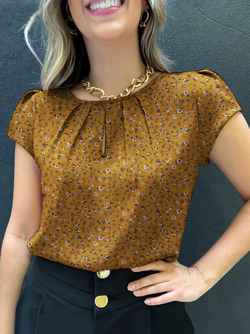 Floral Print Pleated Blouse, Casual Short Sleeve Blouse For Spring & Summer, Women's Clothing   OAXG Red Polka Dots / S