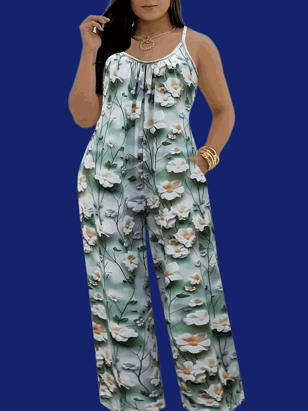 Floral Print Pleated Jumpsuit for Women - Sleeveless with Pockets   OAXG 