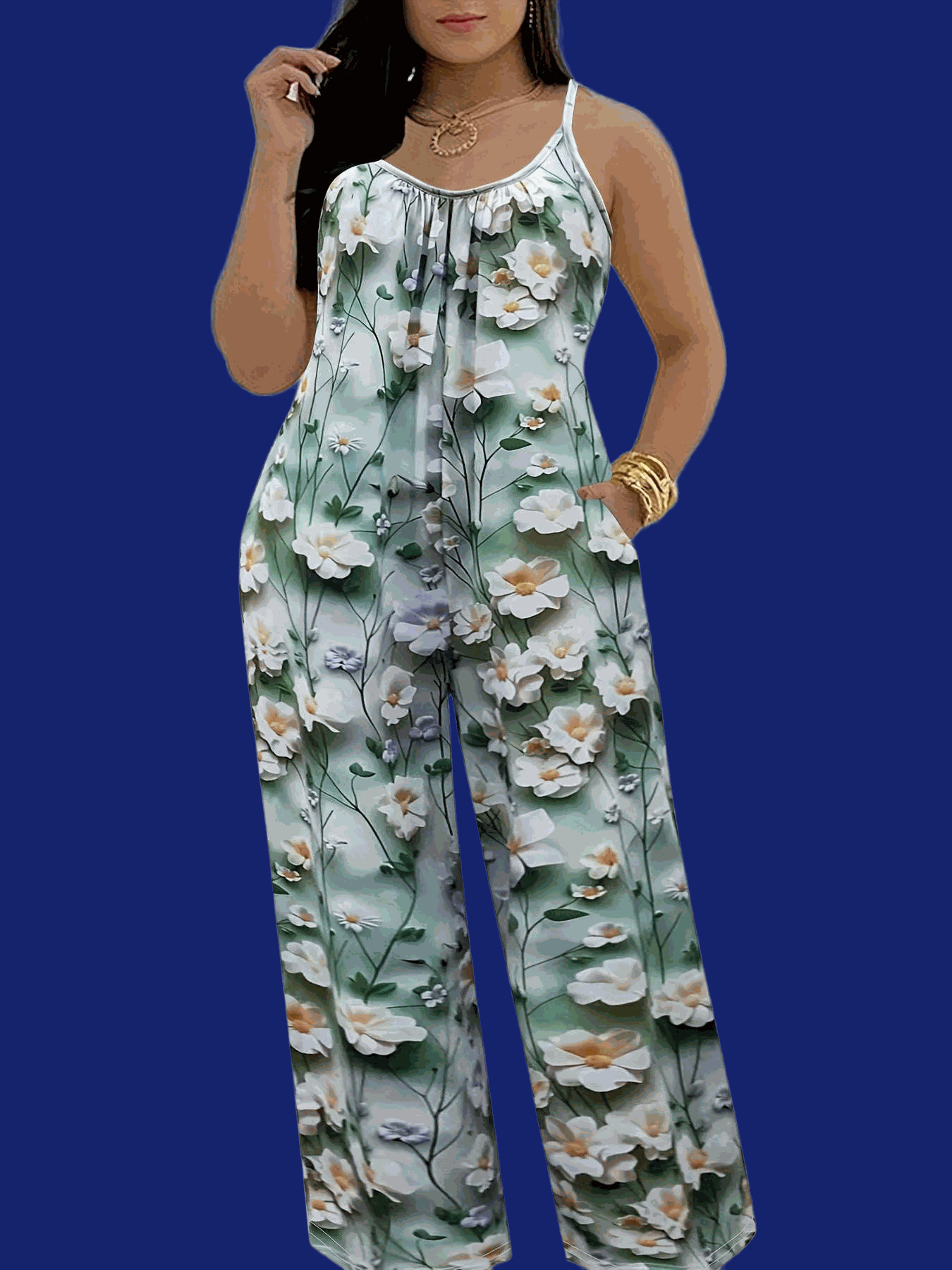 Floral Print Pleated Jumpsuit for Women - Sleeveless with Pockets   OAXG 