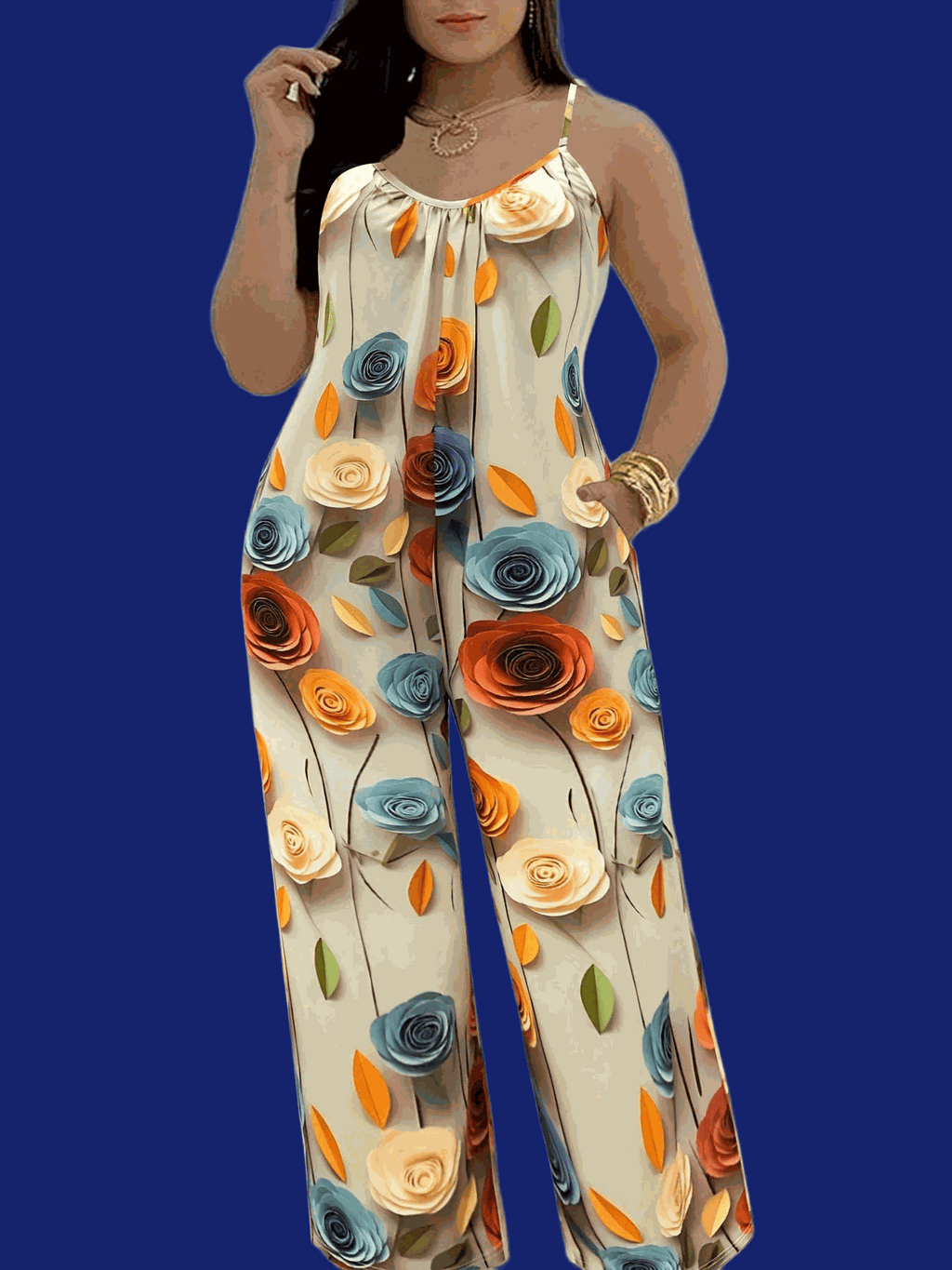 Floral Print Pleated Jumpsuit for Women - Sleeveless with Pockets   OAXG Milky / S