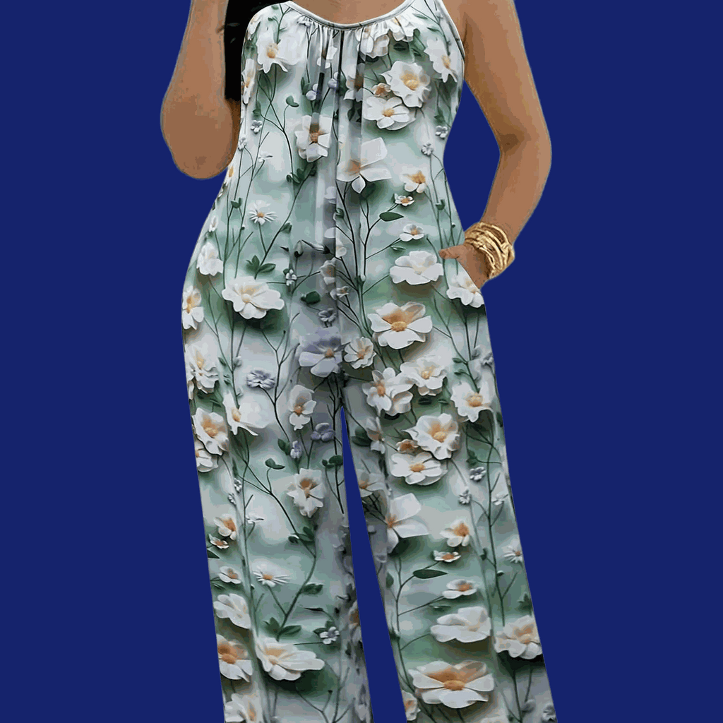 Floral Print Pleated Jumpsuit for Women - Sleeveless with Pockets   OAXG Milky / S