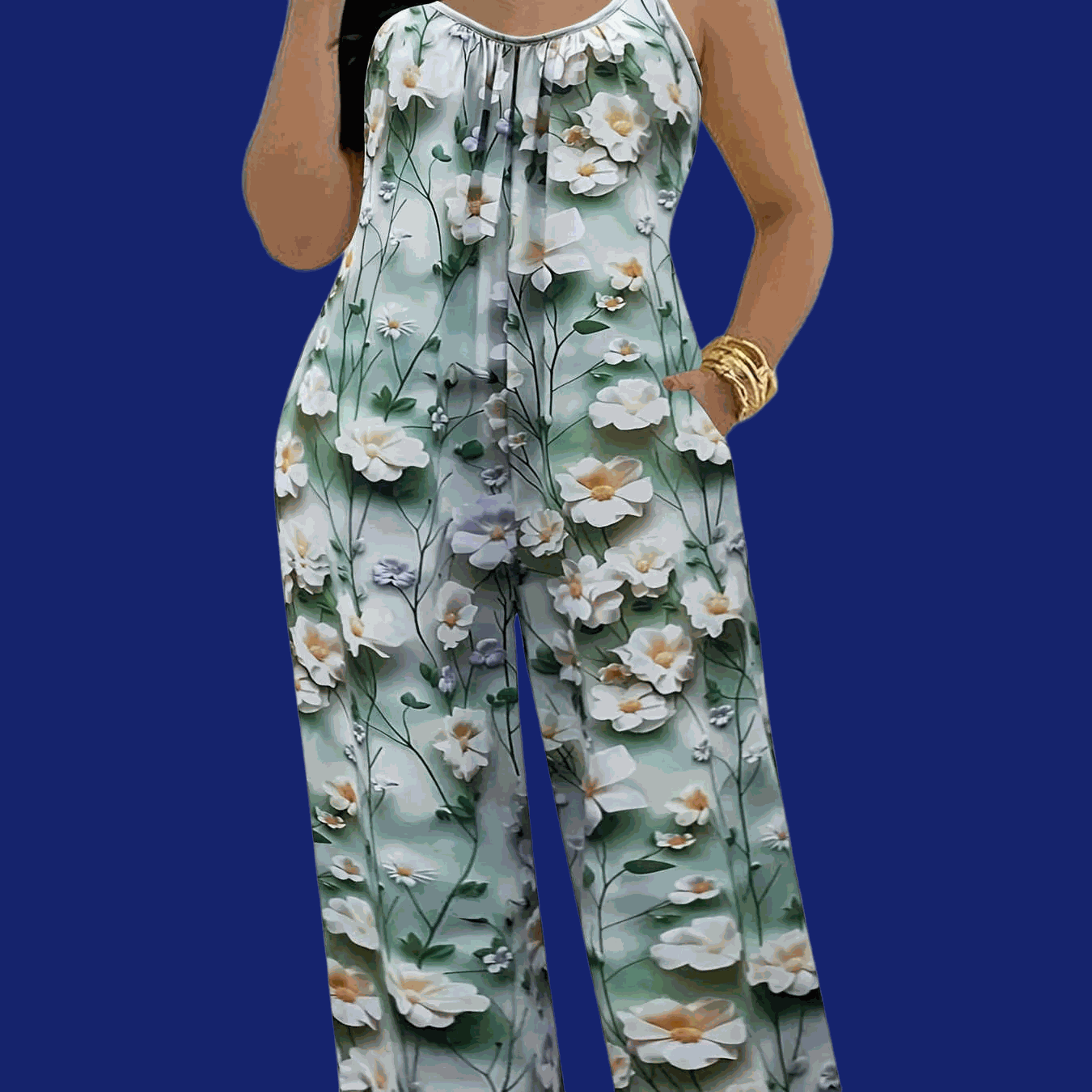 Floral Print Pleated Jumpsuit for Women - Sleeveless with Pockets   OAXG Milky / S