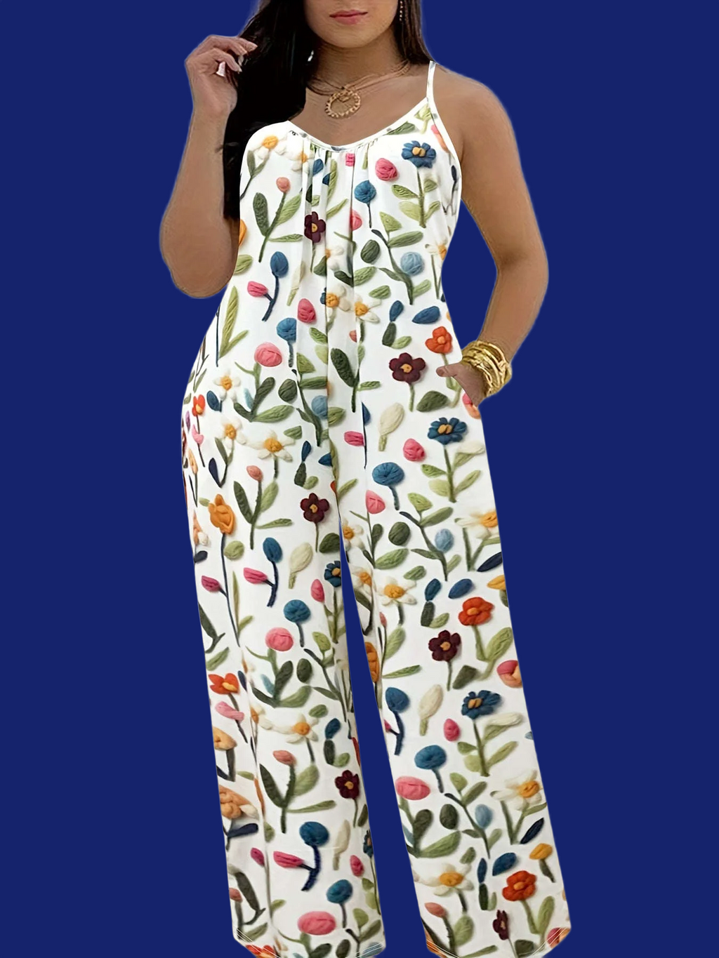 Combinaison plissée à imprimé floral pour femme - Sans manches et avec poches