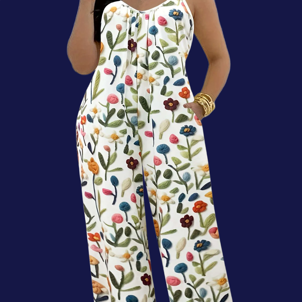 Combinaison plissée à imprimé floral pour femme - Sans manches et avec poches