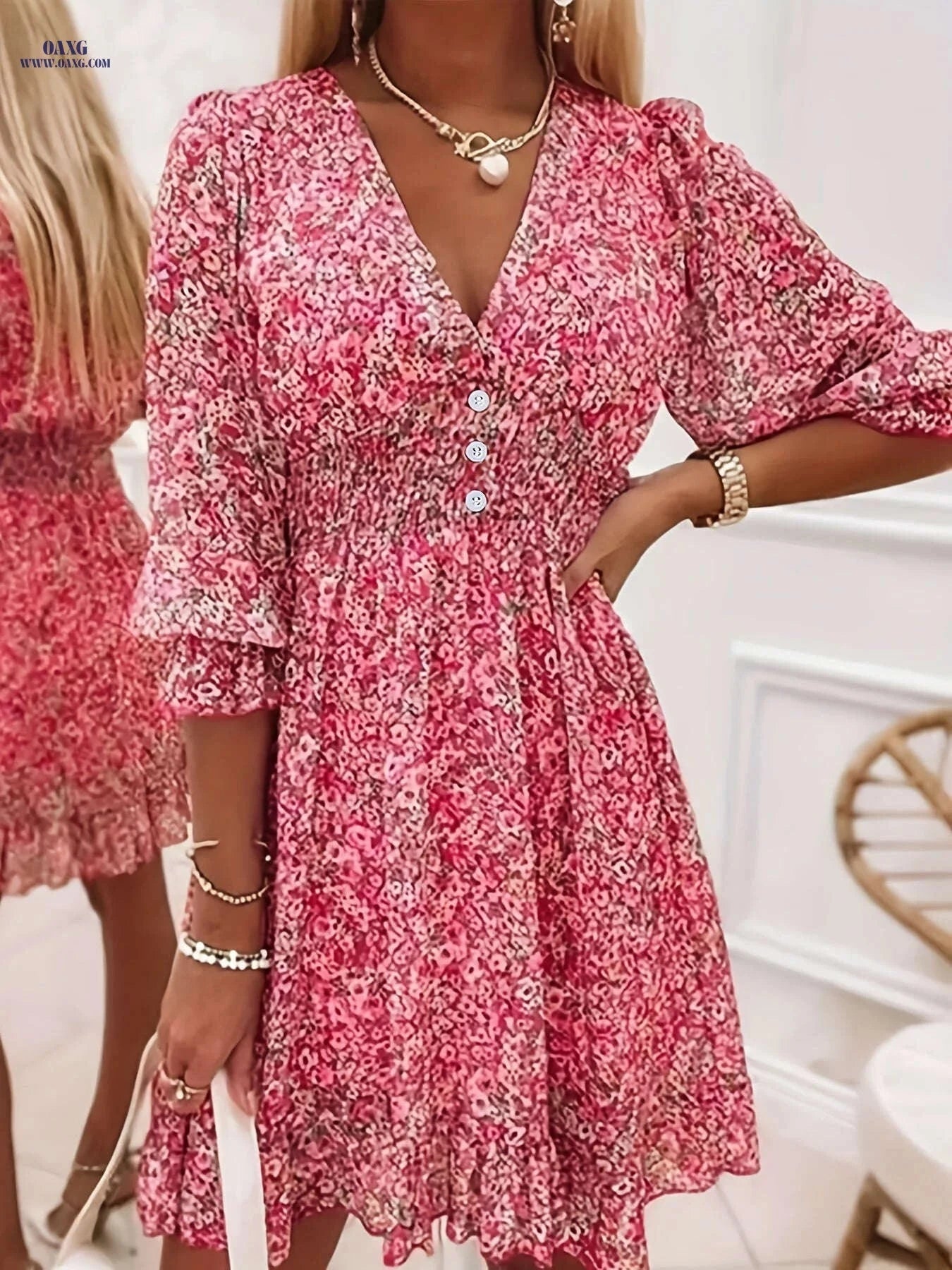 Floral Print Puff-Sleeve Dress - Summer Vacation Style   OAXG 