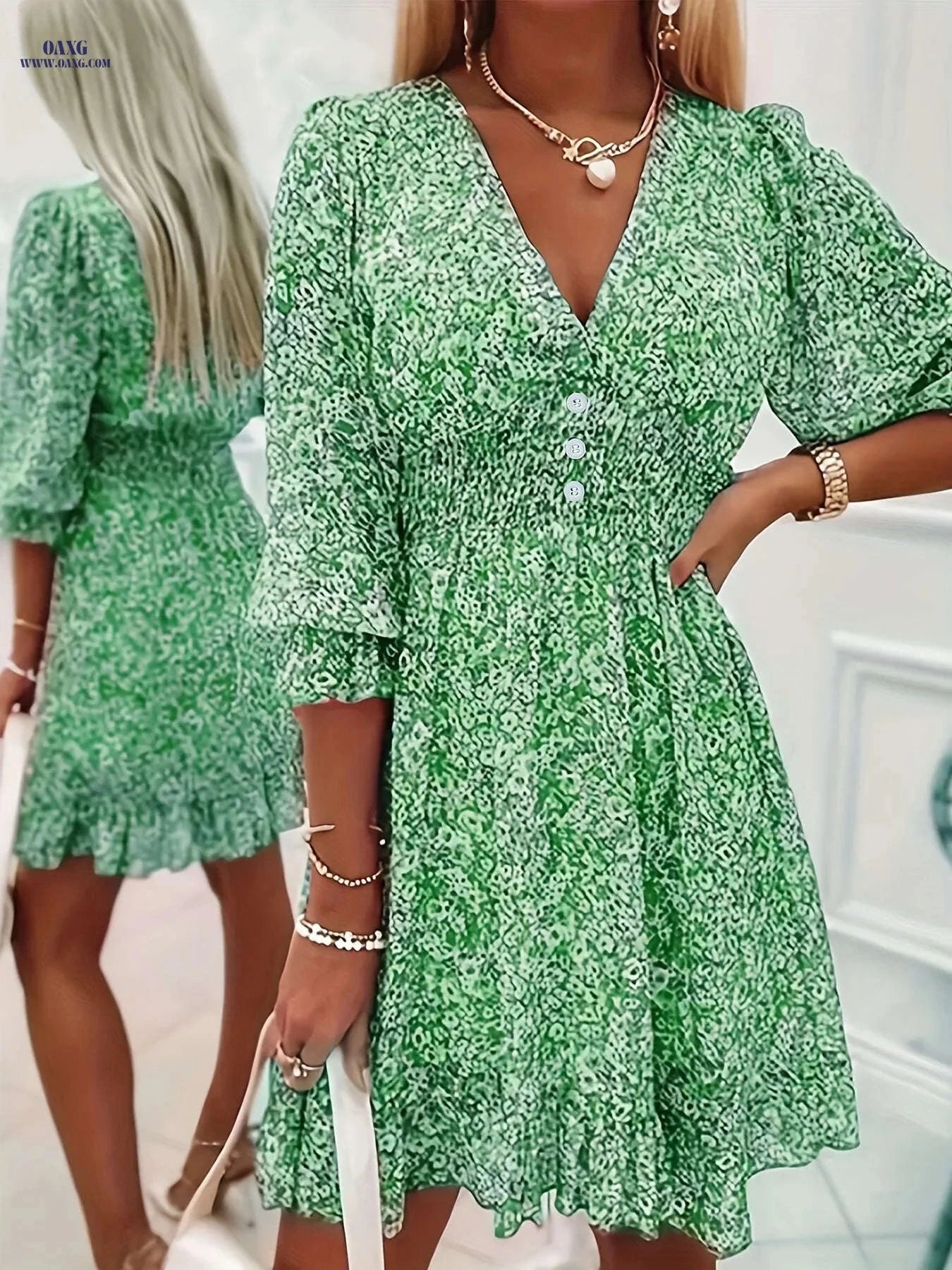 Floral Print Puff-Sleeve Dress - Summer Vacation Style   OAXG 