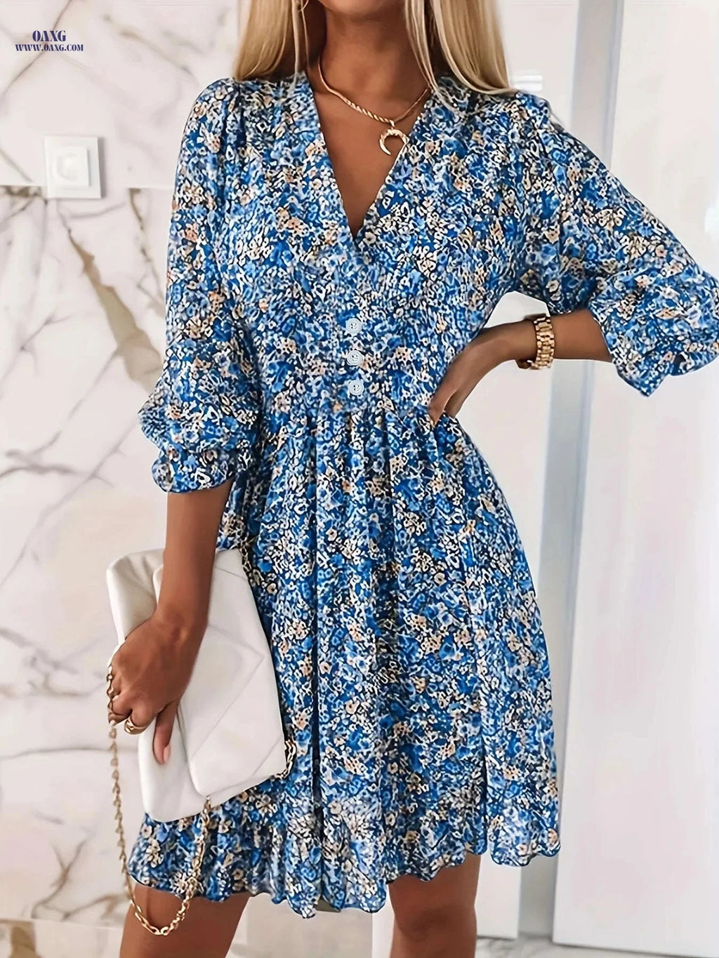 Floral Print Puff-Sleeve Dress - Summer Vacation Style   OAXG 