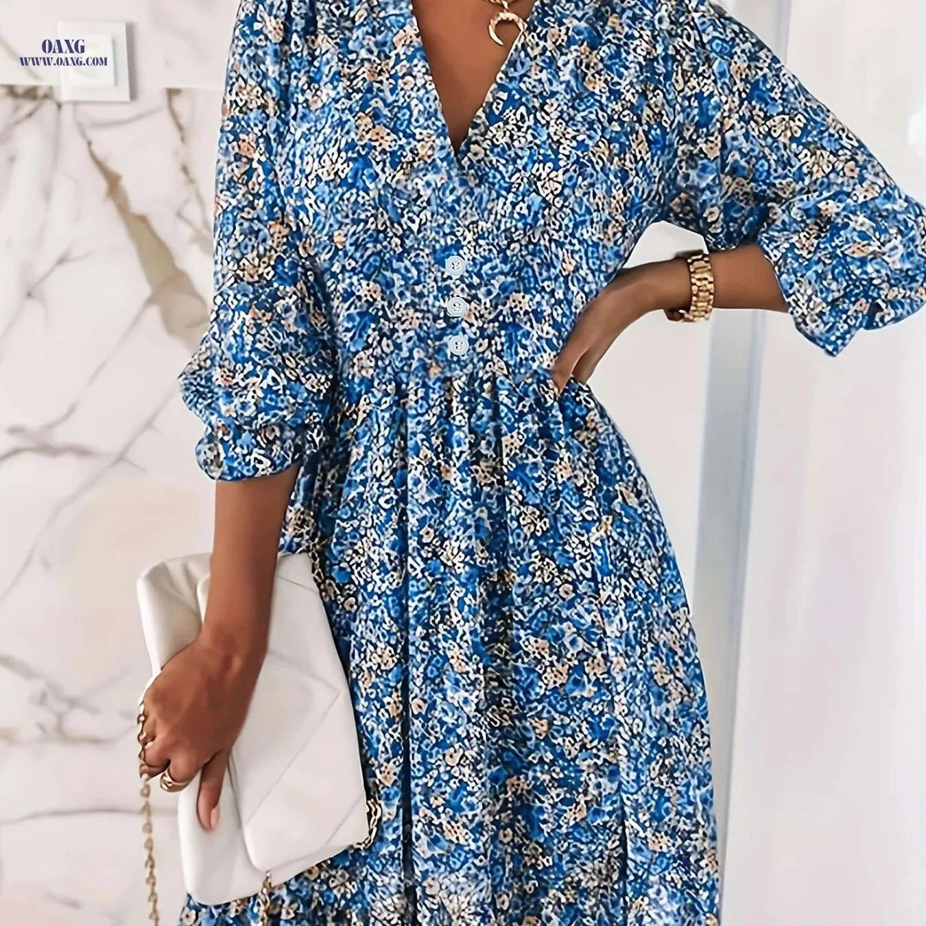 Floral Print Puff-Sleeve Dress - Summer Vacation Style   OAXG 