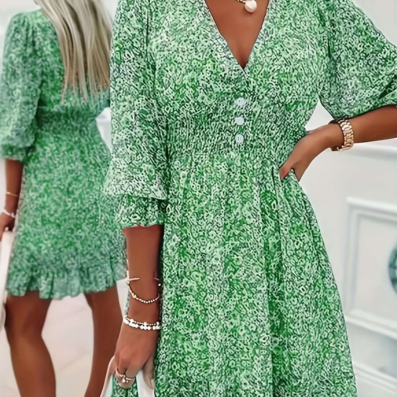 Floral Print Puff-Sleeve Dress - Summer Vacation Style   OAXG 