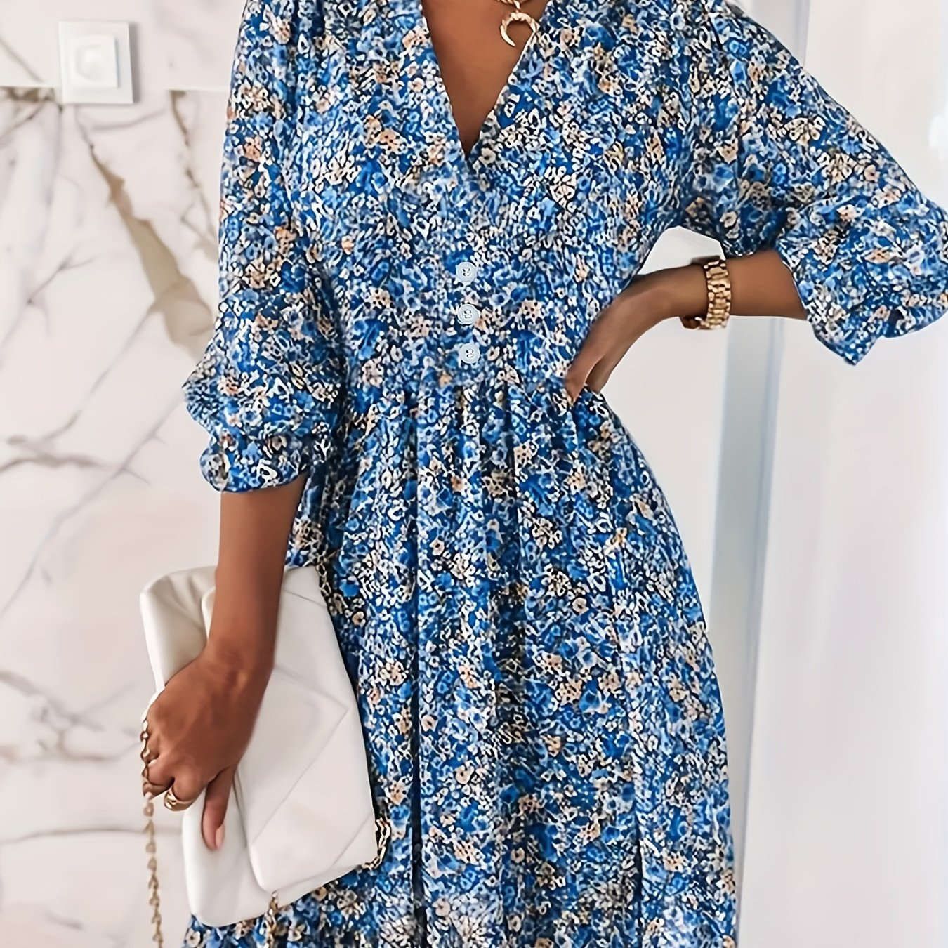 Floral Print Puff-Sleeve Dress - Summer Vacation Style   OAXG Green / S