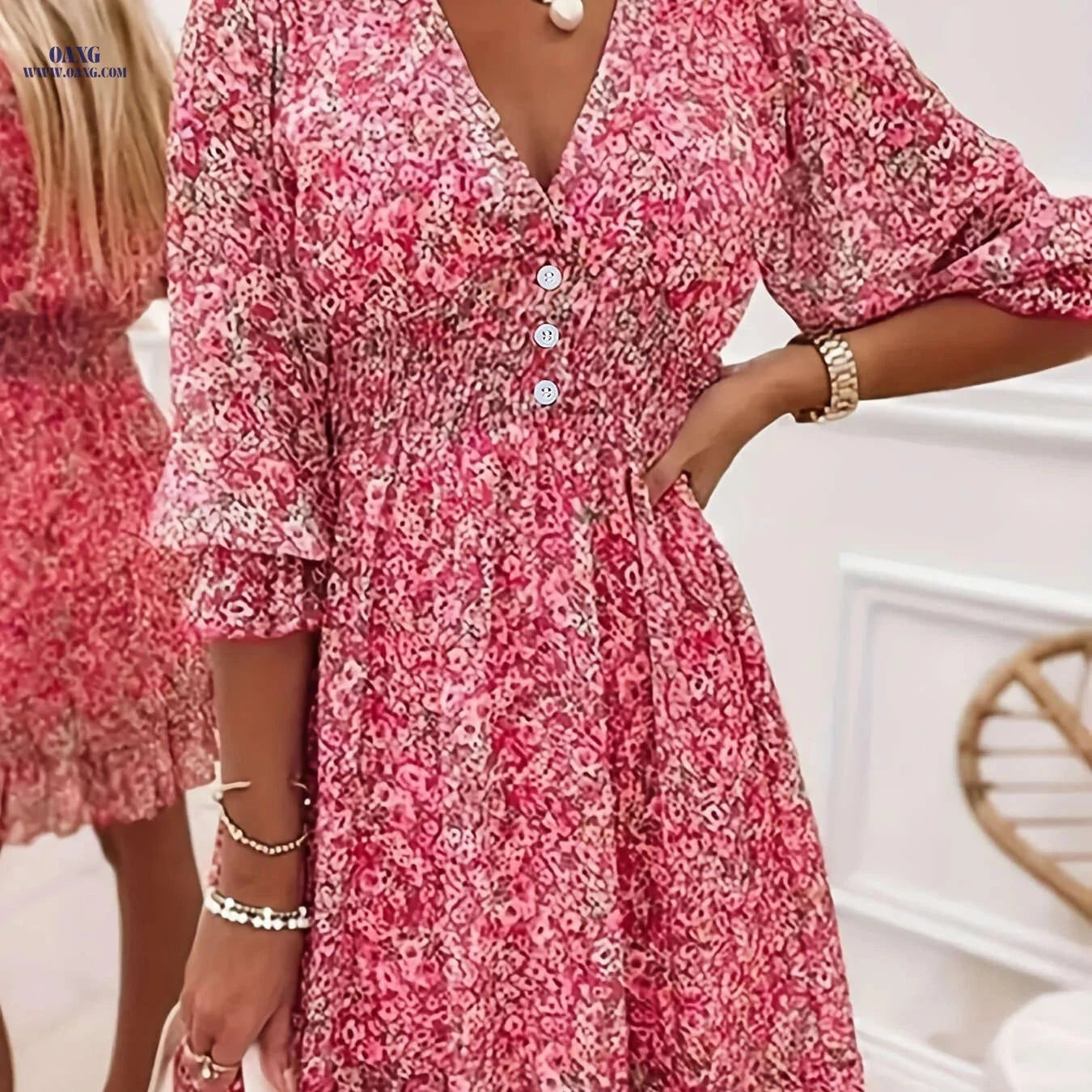 Floral Print Puff-Sleeve Dress - Summer Vacation Style   OAXG 