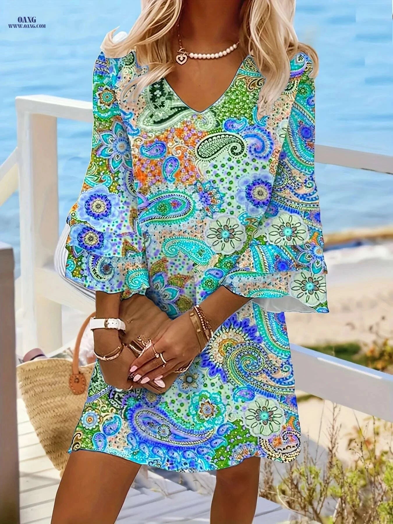 Floral Print Summer Tunic Dress - 100% Polyester, V-neck Style   OAXG 