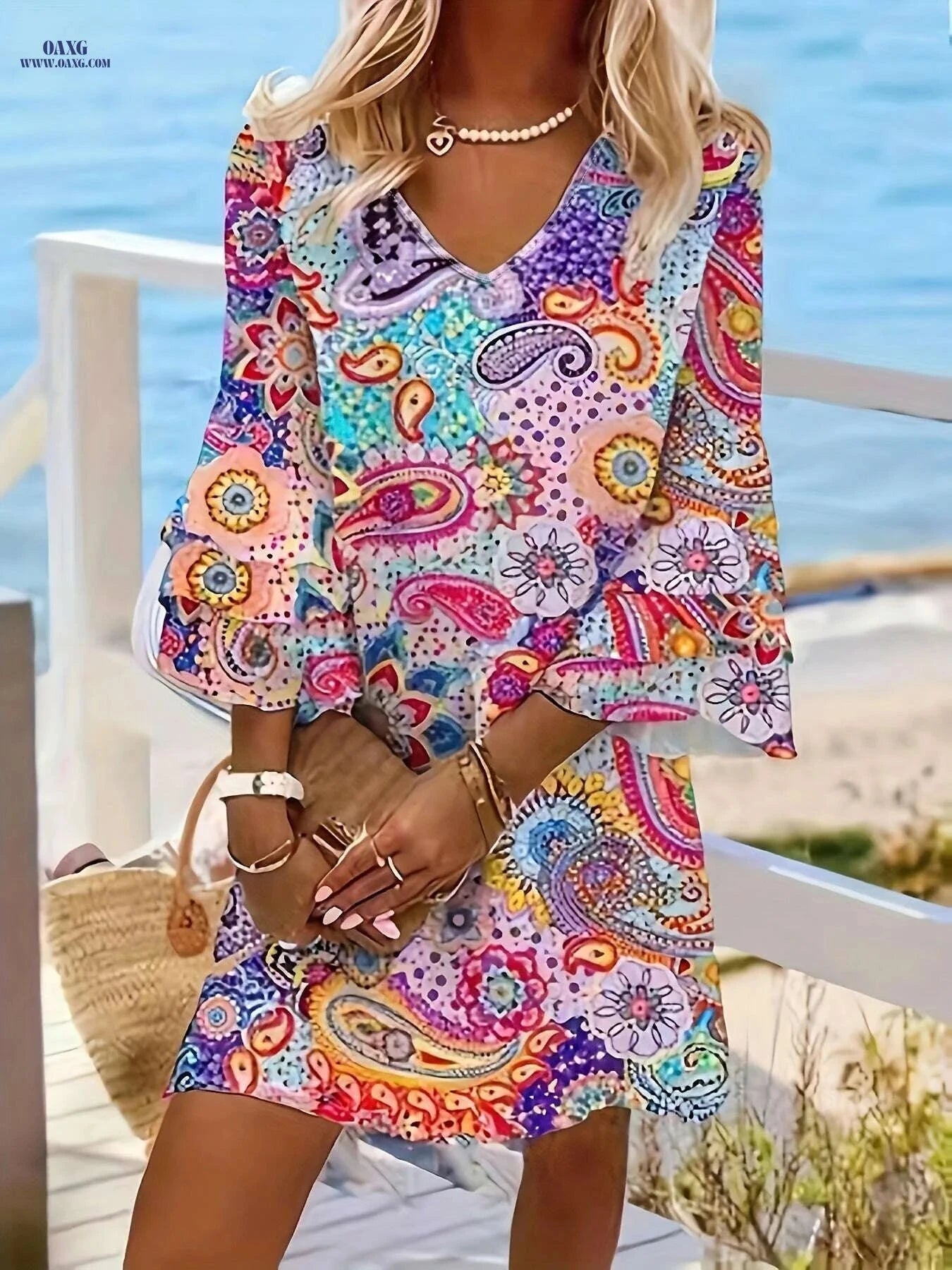Floral Print Summer Tunic Dress - 100% Polyester, V-neck Style   OAXG 