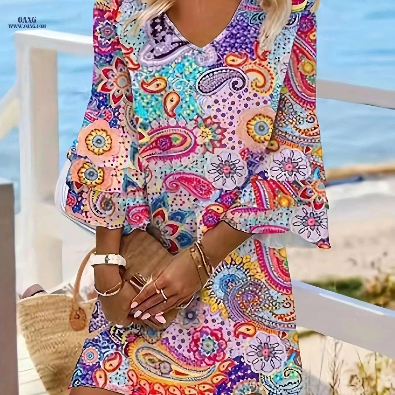 Floral Print Summer Tunic Dress - 100% Polyester, V-neck Style   OAXG 