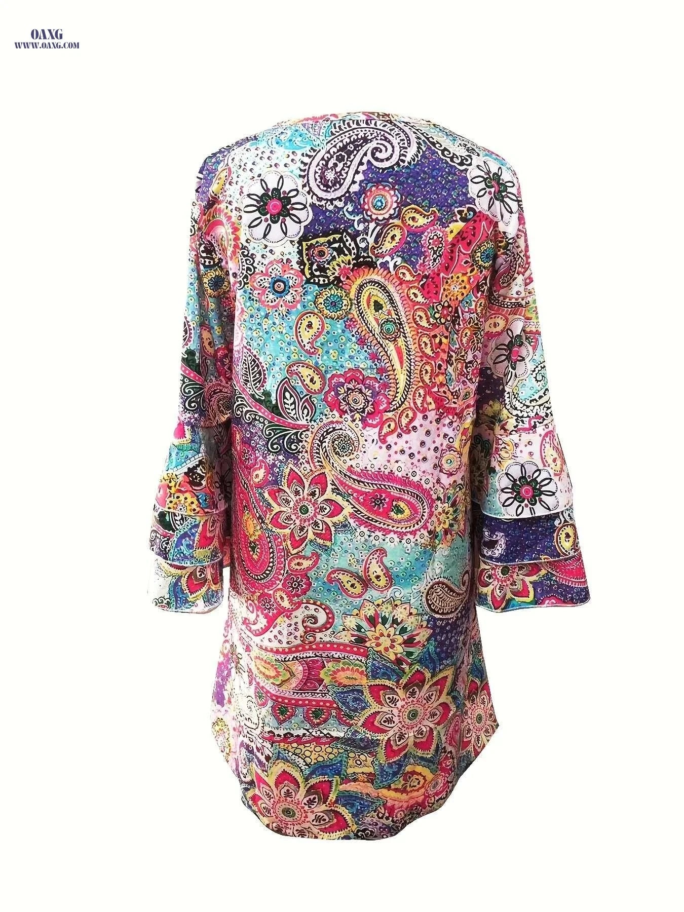 Floral Print Summer Tunic Dress - 100% Polyester, V-neck Style   OAXG Mixed Color / S