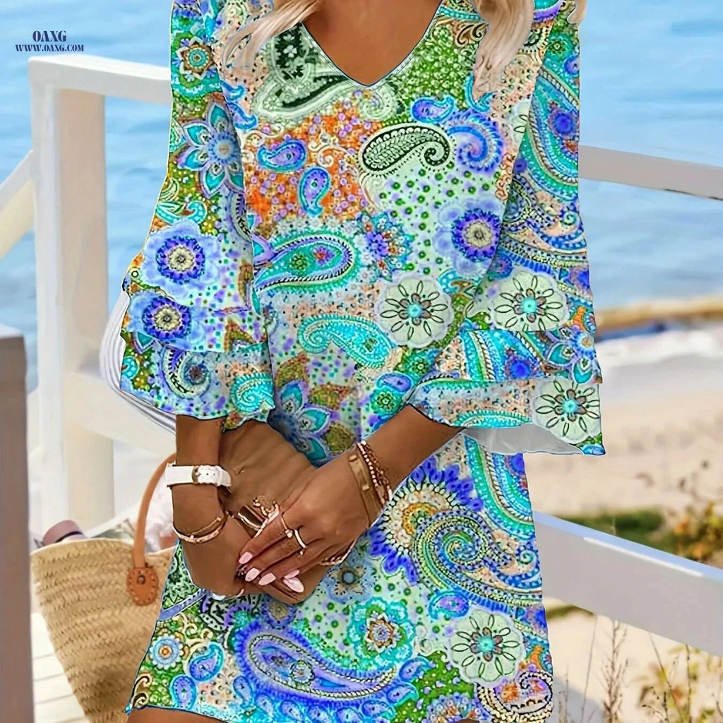 Floral Print Summer Tunic Dress - 100% Polyester, V-neck Style   OAXG 