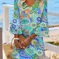 Floral Print Summer Tunic Dress - 100% Polyester, V-neck Style   OAXG 