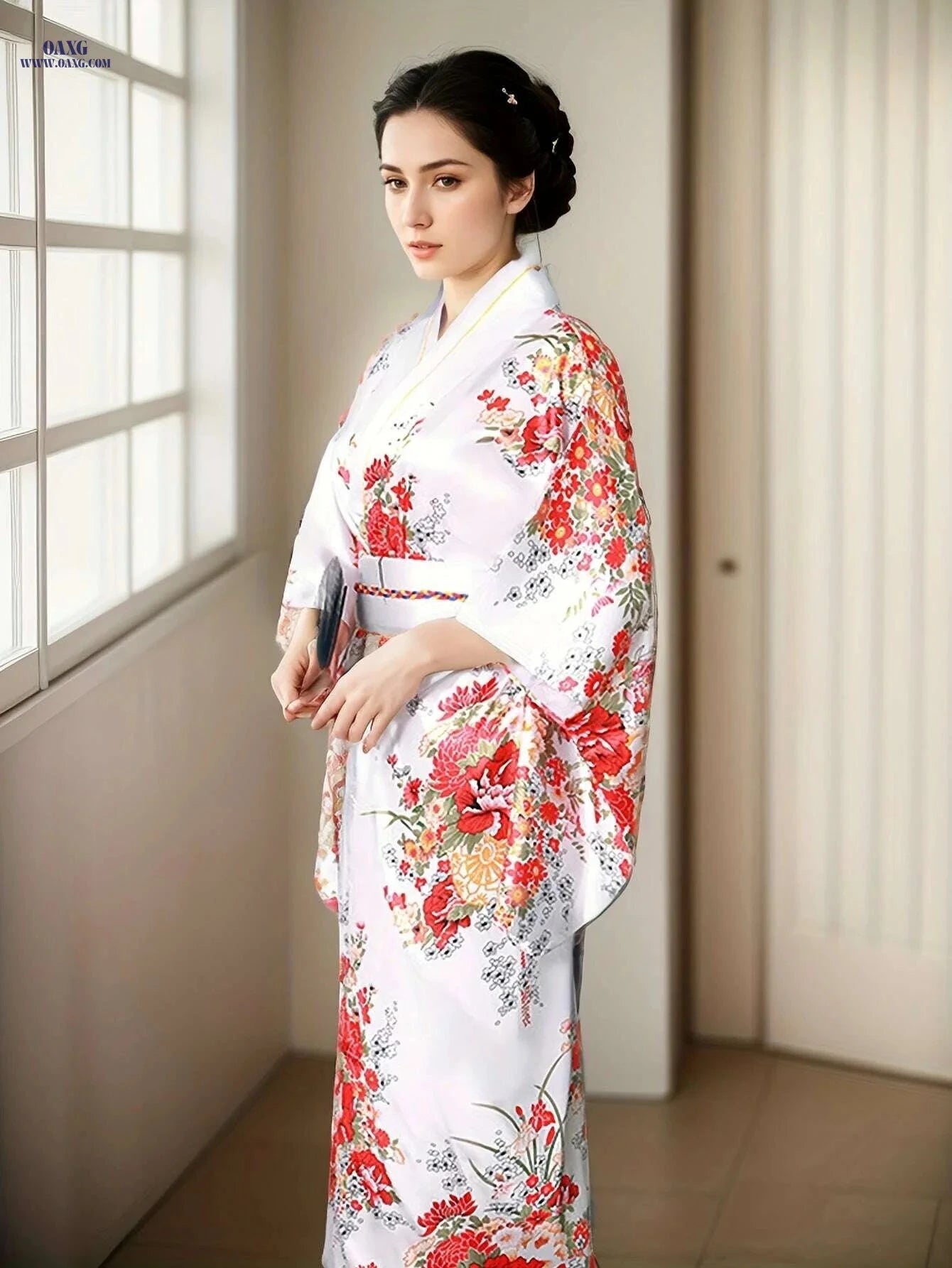 Floral Print Surplice Neck Kimono - Elegant Batwing Sleeve Style   OAXG 
