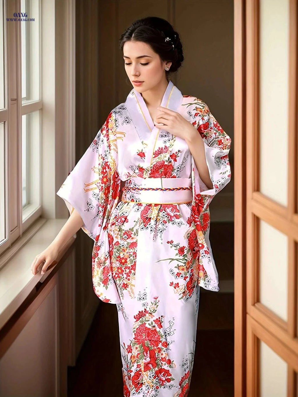 Floral Print Surplice Neck Kimono - Elegant Batwing Sleeve Style   OAXG 