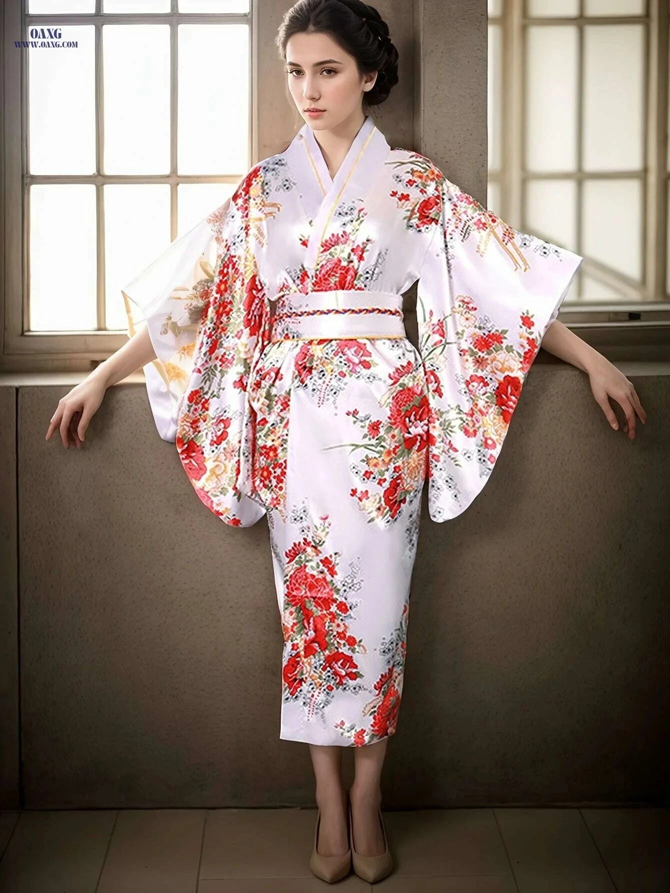 Floral Print Surplice Neck Kimono - Elegant Batwing Sleeve Style   OAXG White / One-size